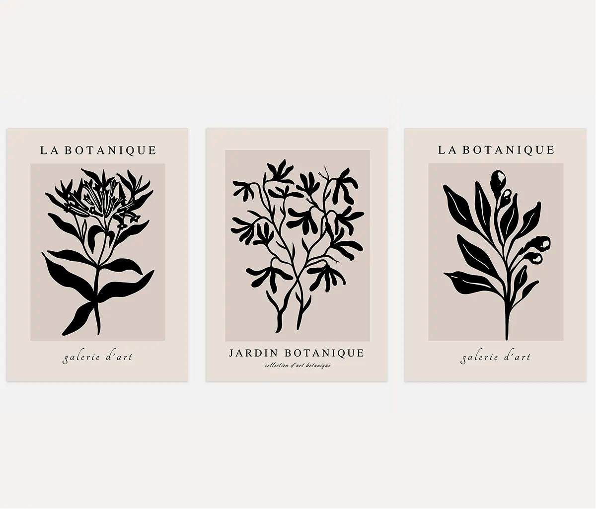 Jardin Botanique Minimalist Prints – Black Botanical Line Art Set of 3