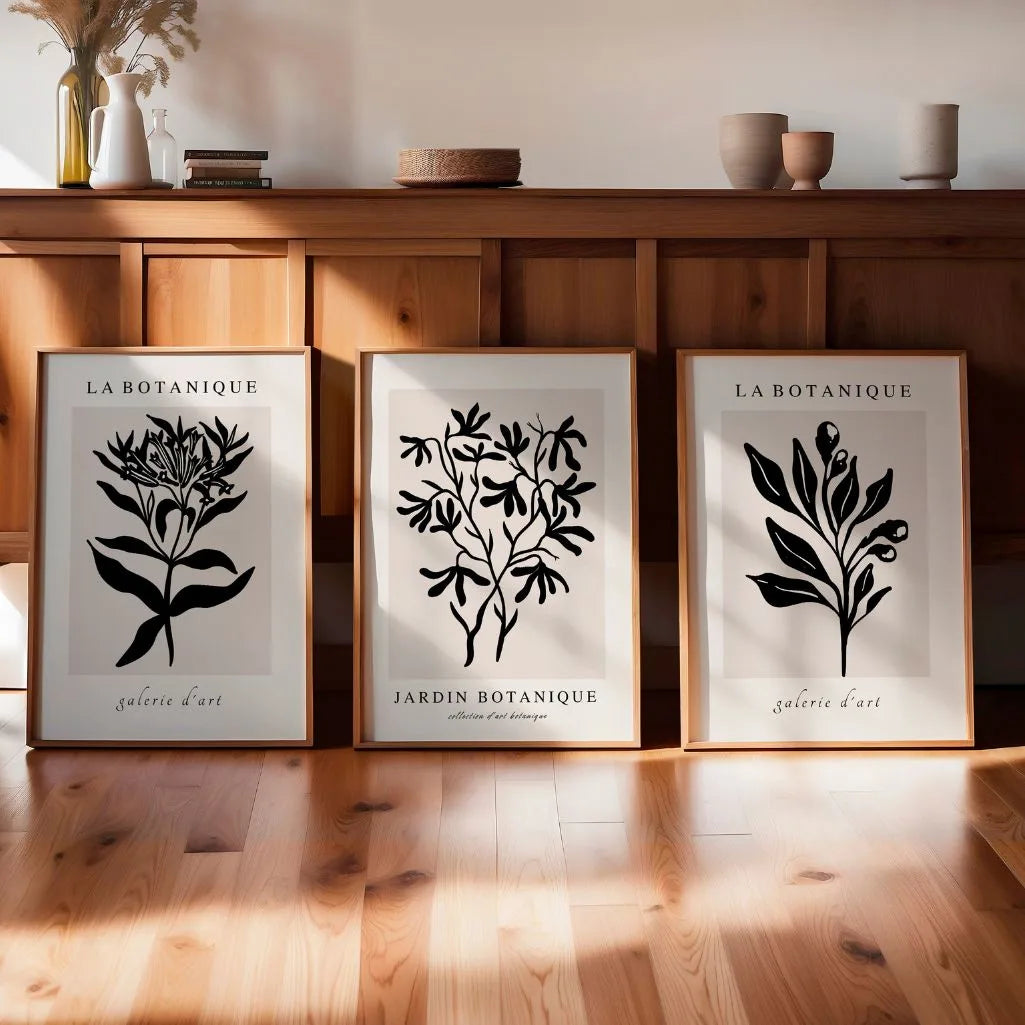 Jardin Botanique Minimalist Prints – Black Botanical Line Art Set of 3