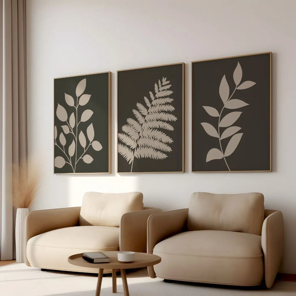 Minimal Botanical Silhouette Prints – Dark Neutral Set of 3