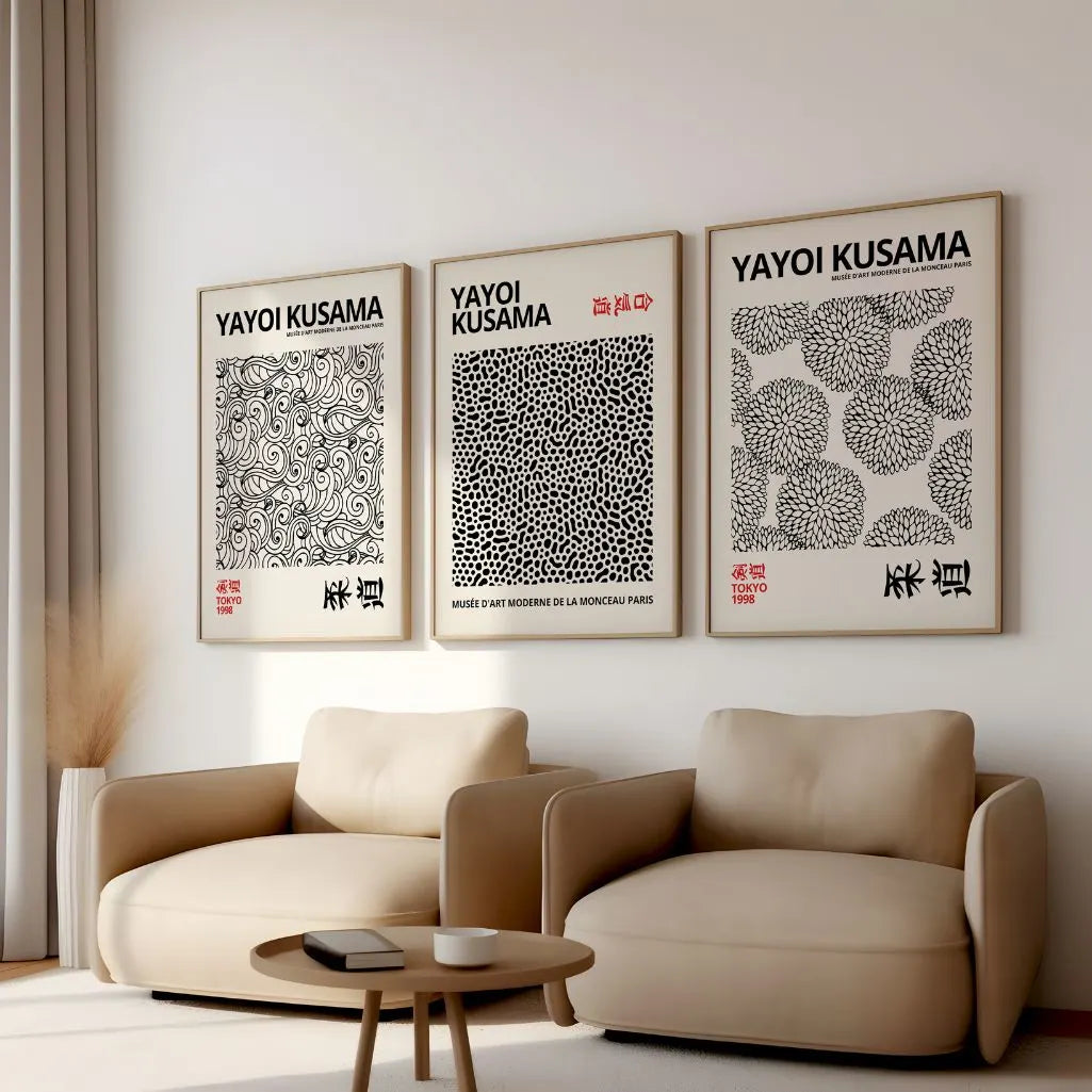Abstract Japanese Pattern Art Prints – Minimal Black on Beige Set of 3