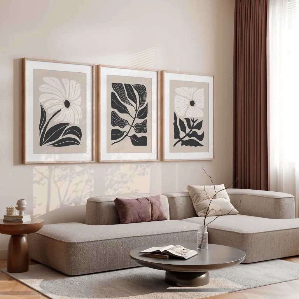 Botanical Abstract Art Prints – Beige & Gray Modern Floral Set of 3