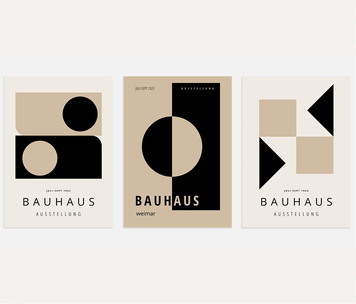 bauhaus weimar poster set of 3 deep black warm beige geometric wall art